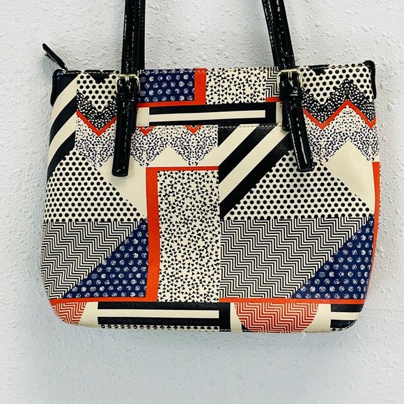 Anne‎ Klein Handbag Multicolor Chevron Polka Dot Stripe Faux Leather Patent Trim - Picture 5 of 10